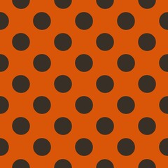 A grid of evenly spaced black dots is set against an orange background. The pattern creates a uniform and symmetrical appearance.