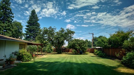 An open, bright backyard with soft green grass and a stunning, tree-free blue sky .