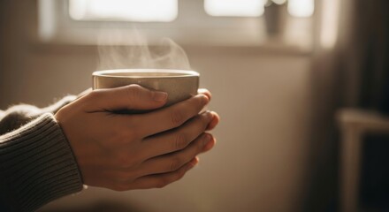 Warm hands embrace steaming mug, cozy sweater, soft light, window background