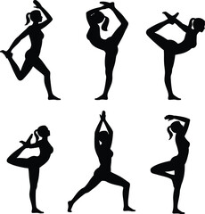 A beautiful vector silhouette of a woman or girl practicing graceful yoga poses, fitness, and dance