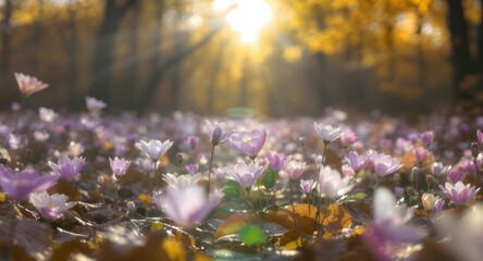 Captivating Surreal Wildflower Art: A Dreamy Forest Floor Illuminated by Golden Sunlight and Bokeh