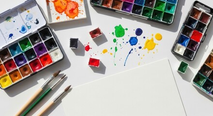 Watercolor Painting Still Life with Brushes, Palettes, and Vibrant Splatters on White Background