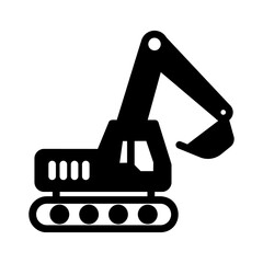 Black silhouette of an excavator with a raised boom and bucket