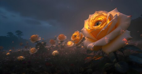 Enchanting Surreal Wildflower Art: Giant Luminous Roses with Eyes in a Mysterious Fantasy Landscape