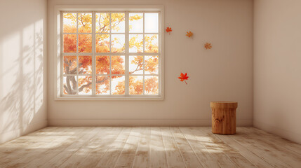 Warm autumn room with wooden stool and falling leaves interior window
