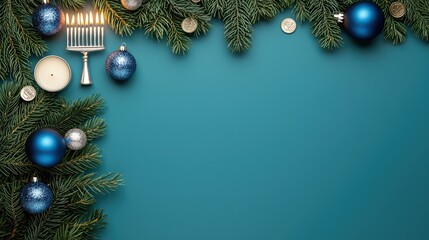 Festive Holiday Arrangement with Blue Ornaments and Menorah