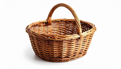 A handwoven wicker basket with a curved handle sitting on a white surface&mdash;symbolizing rustic charm, simplicity, and the elegance of traditional craftsmanship.