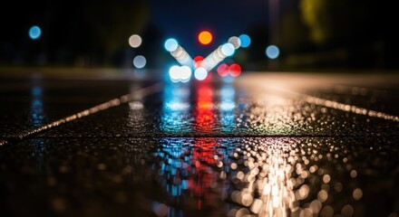 Wet Pavement Reflecting Blurred City Lights at Night, Creating Bokeh Effect