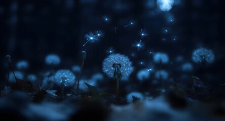 Magical Surreal Wildflower Art: Glowing Dandelion Seed Head with Floating Luminescent Spores at Night
