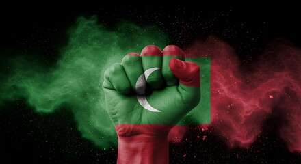 Maldives flag painted fist rises powerfully amidst vibrant red and green dust