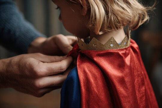 Father helps child put on superhero cape - Powered by Adobe