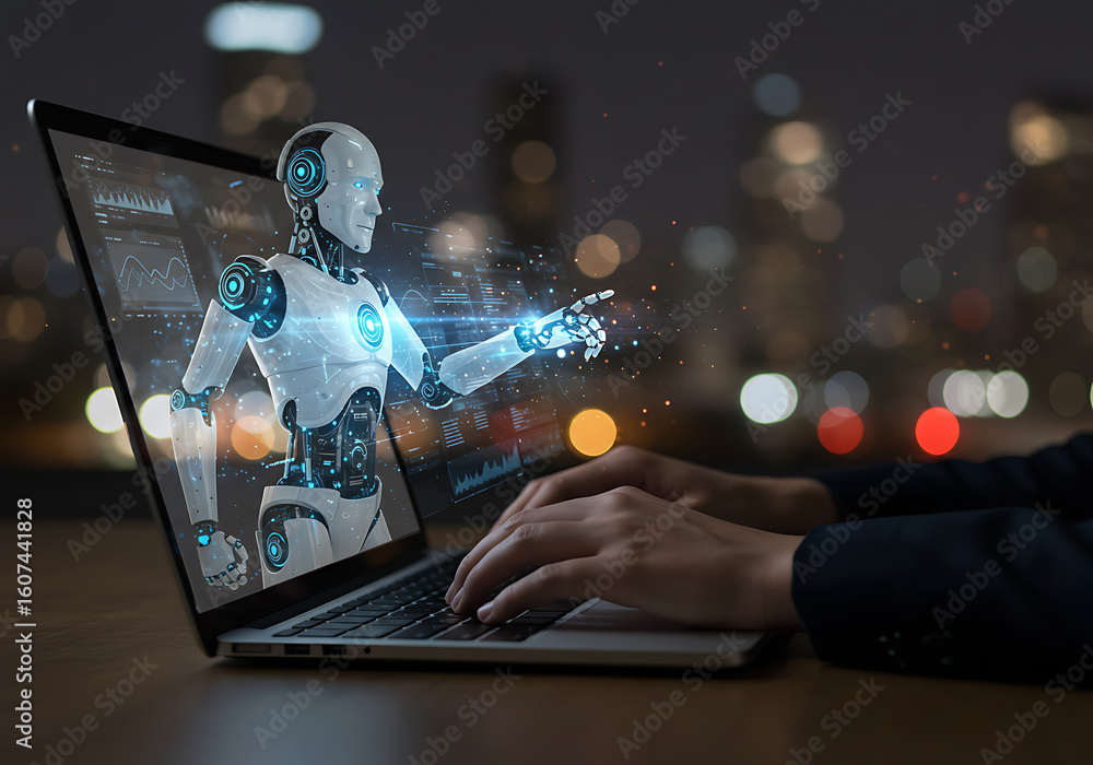 Aufkleber explore next-generation ai collaboration with futuristic robot assistant on modern laptop interface 