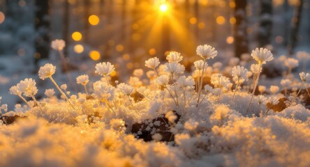 Surreal Frosty Wildflower Art Blooms in Golden Winter Sunrise with Shimmering Ice Petals and Ethereal Bokeh Glow