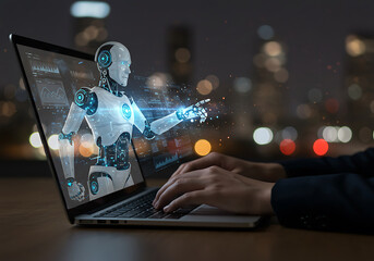 Explore next-generation AI collaboration with futuristic robot assistant on modern laptop interface at night
