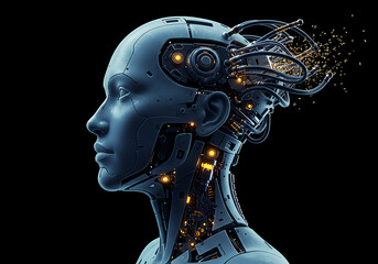 Intriguing cyborg female head showcasing advanced technology and futuristic concept design on black background