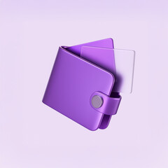 3D purple wallet with credit card on pastel background, abstract financial and digital payment concept
