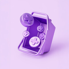 3D purple shopping basket with floating add-to-cart icons, abstract ecommerce and online shopping concept on pastel background
