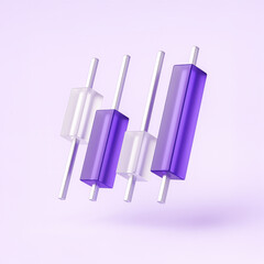 Abstract 3D candlestick chart in purple and white on pastel background, modern financial trading and investment concept
