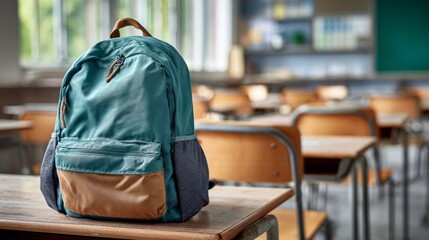 Fototapeta premium A backpack in an empty classroom evokes themes related to back to school, the beginning of a new school year, education, learning.