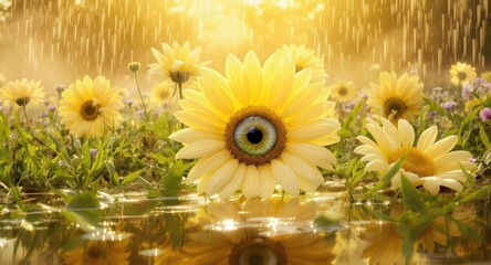 Surreal Golden Wildflower with a Hypnotic Eye Reflecting in Shimmering Water and Magical Light