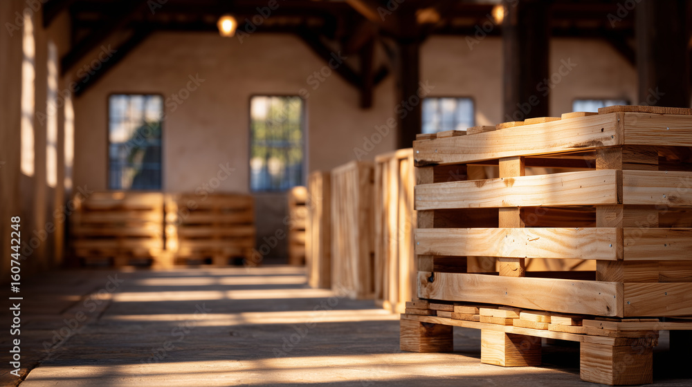 Poster low-angle shot capturing endless rows of wooden crates varying from light honey to deep mahogany ton