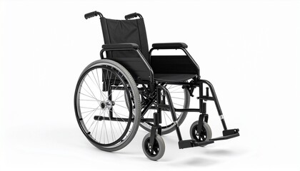 Fototapeta premium A blue and black manual wheelchair with large rear wheels and small front casters, resting on a plain surface—representing mobility, resilience, and inclusive design.