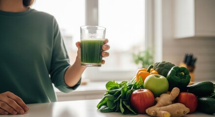 Woman holding green smoothie with fresh vegetables and fruits on kitchen counter