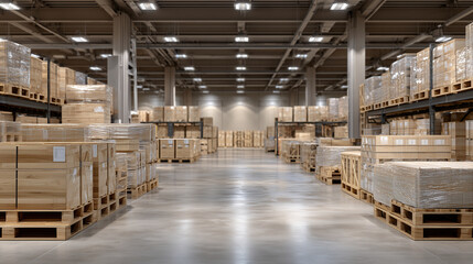 Expansive warehouse floor perspective with neatly organized wooden crates on multi-tiered shelves, shades of brown contrasting gently with creamy beige background, wide open space