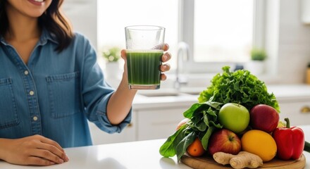 Woman holds green smoothie with fresh produce on wooden board in bright kitchen