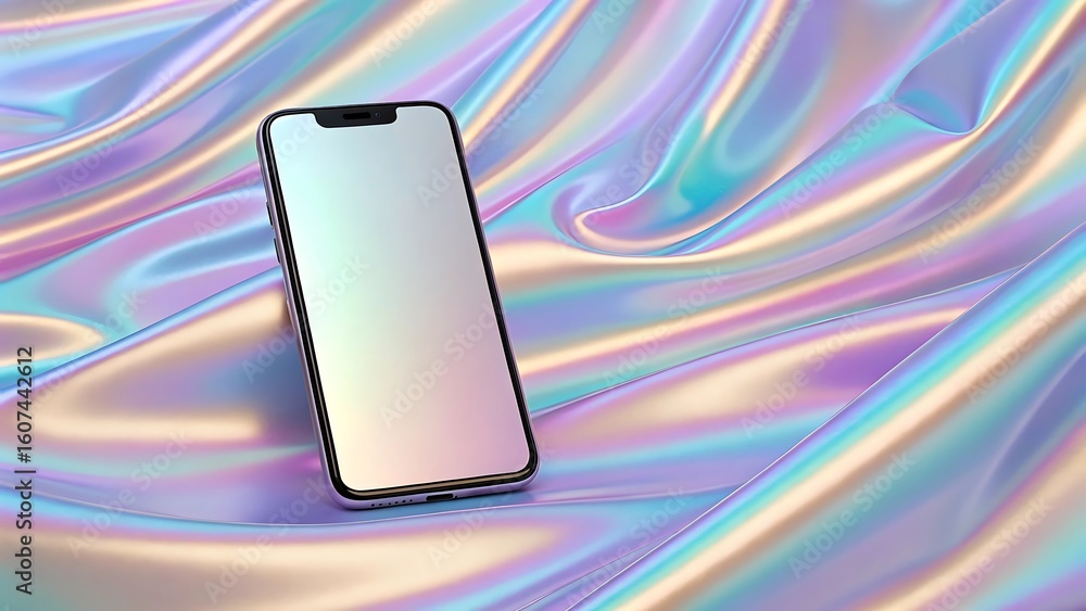 Poster a sleek smartphone with a blank screen rests on a vibrant, iridescent fabric, creating a modern and 