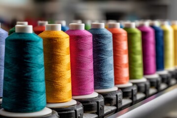 Colorful spools of thread on a sewing machine. The concept evokes themes of craftsmanship, textiles, manufacturing, creativity, and the process of making.