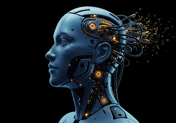 Futuristic cyborg woman with intricate details and glowing lights, a modern tech concept for future AI