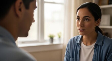 Woman in denim shirt having a serious conversation with a man in bright indoor setting