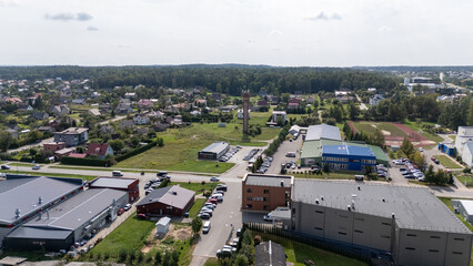 Aerial View of Suburban Area with Clock Tower