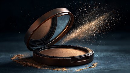 Brown Powder Makeup Compact on Dark Background with Light Streak .