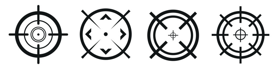 Crosshair and target icon set, sniper scope sights, and linear outline symbols for precision and game interface.