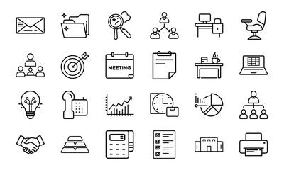 Office and Business Icon Bundle 24 Line Style Work Icons Office Tools, Meeting, Chart, Communication, Desk, Team, Planning Icons 