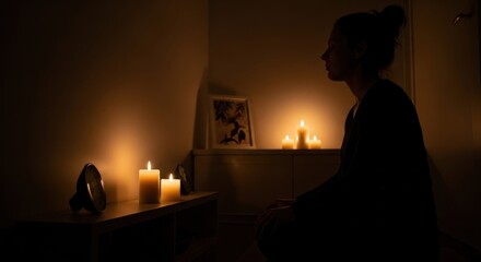 Woman in silhouette meditating by candlelight in a dimly lit room at night