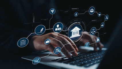 Futuristic digital law interface displaying justice scale, highlighting digital law, AI compliance,...