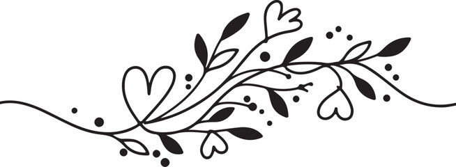 Minimalist decorative floral flourish, single-line black ink design on white background, heart and leaf motifs.