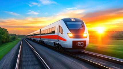 Fototapeta premium Modern Train Traveling Through Scenic Sunset Landscape