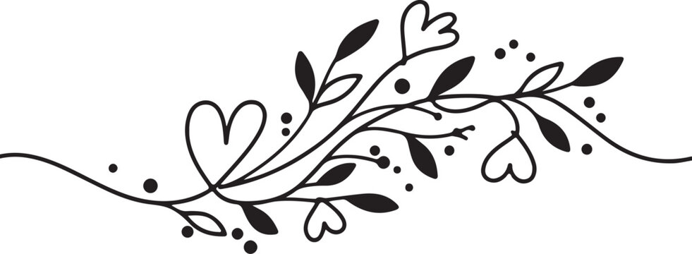 Minimalist decorative floral flourish, single-line black ink design on white background, heart and leaf motifs.