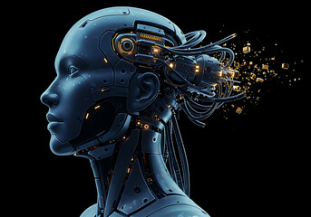 Futuristic robot head with intricate wiring and glowing particles for sci-fi and technology concepts