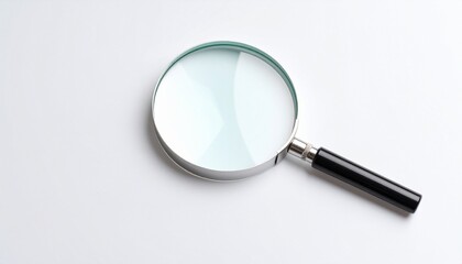 A classic round magnifying glass with a black handle resting on a clean white surface&mdash;symbolizing observation, curiosity, and the essence of discovery and detail.