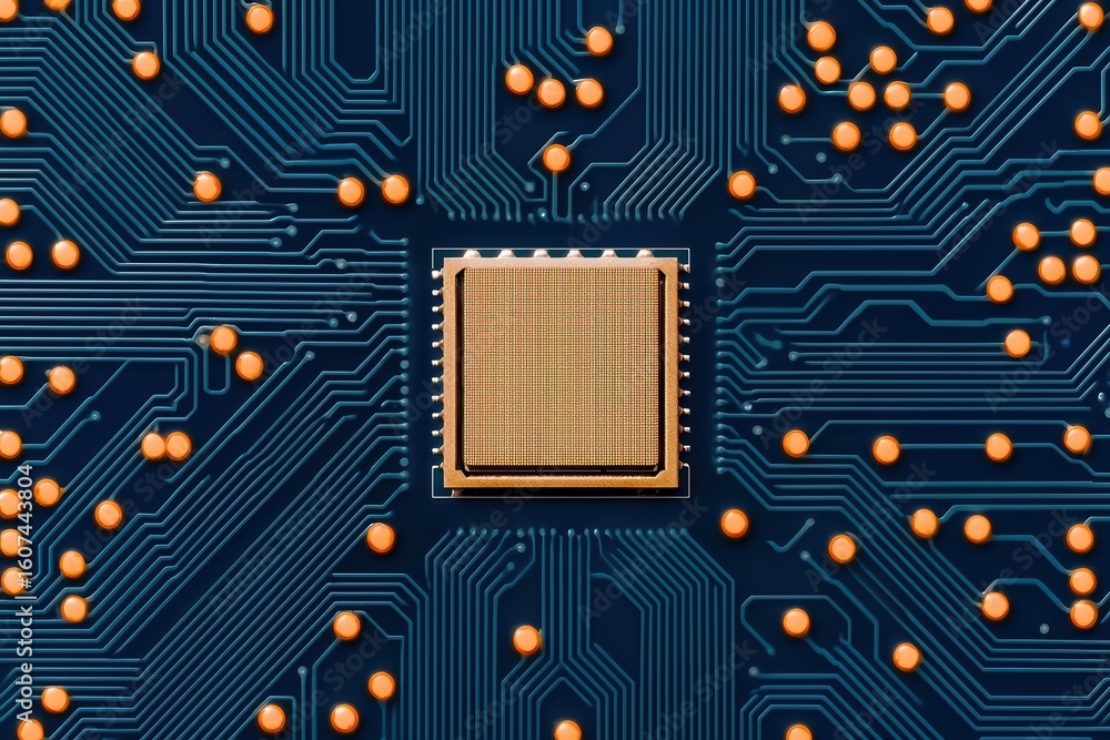 Aufkleber close-up of microchip on circuit board with orange components
