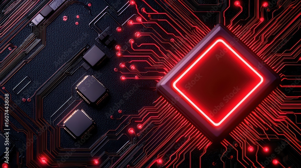 Poster abstract circuit board with glowing red elements