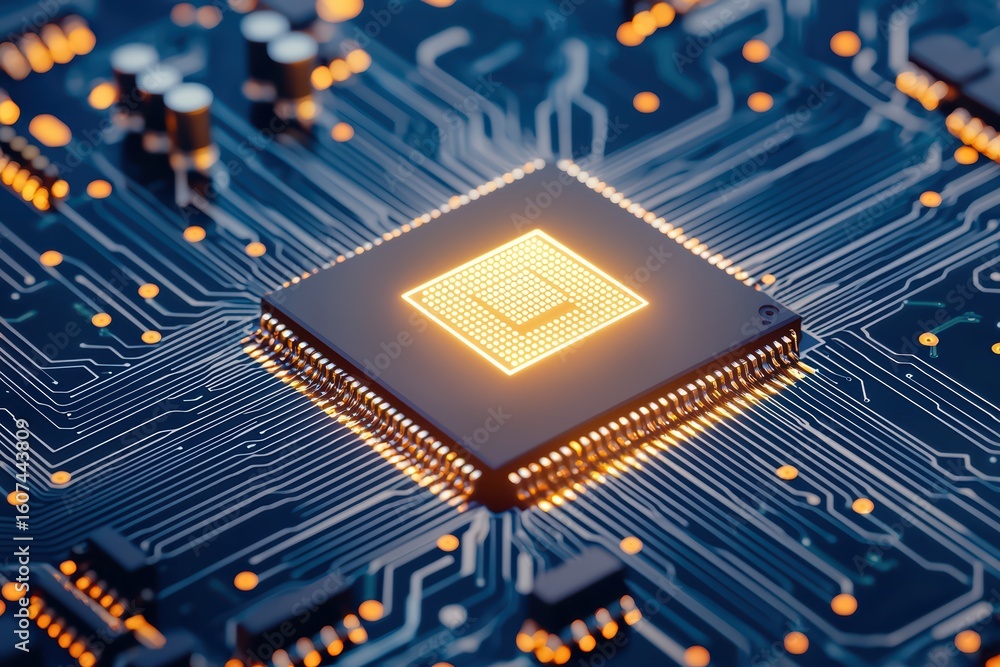 Poster circuit board with glowing microprocessor on blue background