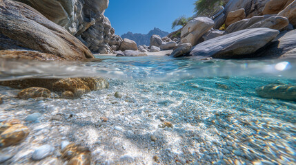 Fototapeta premium Underwater vista showing smooth gray sand meeting a rocky outcrop to the left, scattered stones lying unevenly, while the right side displays fine sand and tiny pebbles under pale