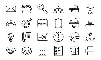 Office and Business Icon Bundle 24 Line Style Work Icons Office Tools, Meeting, Chart, Communication, Desk, Team, Planning Icons 