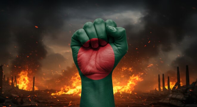 Bangladesh flag fist rises amid fiery destruction and smoke